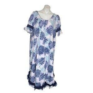 T&L MUUMUU FACTORY Hawaii Dress Blue White Plus Size 2X Vintage